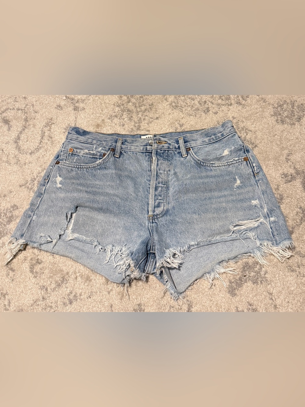 Agolde Parker Vintage Light Blue Wash Denim Shorts Distressed Ripped Frayed 29